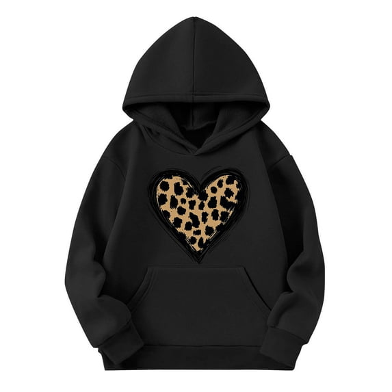 AJTQTH Leopard Heart Print Kids Girls Long Sleeve Hoodies Lightweight Casual Graphic Hoodie T-Shirts Loose Comfy Hooded Pullover Sweatshirts with Pockets Black 11-12 Years