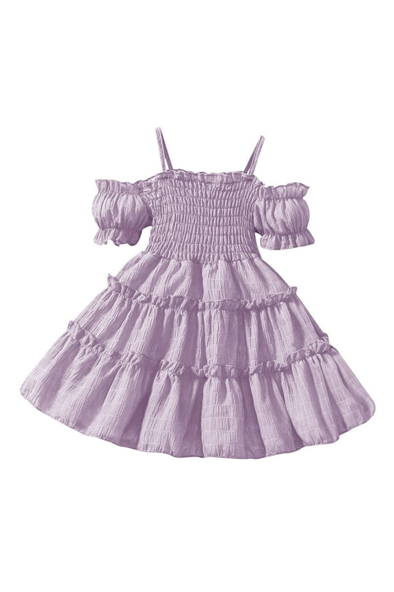 Little Girls Cute Strap Off Shoulder Short Sleeve Ruffle Dress Toddler High Waist A Line Tiered Ruched Princess Dress for Summer Casual Birthday Party Purple 2 Years