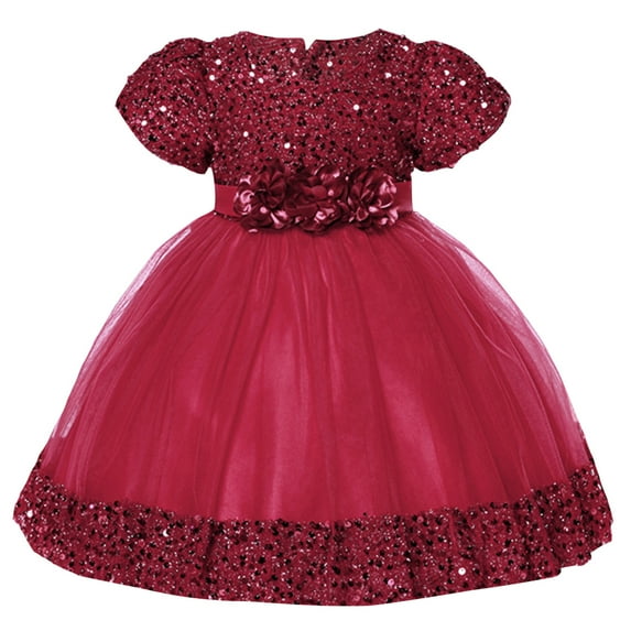 AJTQTH Little Girls Princess Dress Baby Toddler Round Neck Sequins Glitter Polka Dots High-Waisted Nightgowns Silk Flower Mesh Layered Ruffles Puffy Dress Party Dress Wine 6 Months