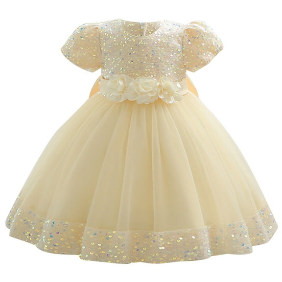 AJTQTH Little Girls Princess Dress Baby Toddler Round Neck Sequins Glitter Polka Dots High-Waisted Nightgowns Silk Flower Mesh Layered Ruffles Puffy Dress Party Dress Beige 0 Months