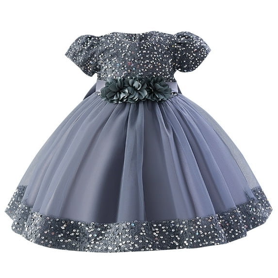 AJTQTH Little Girls Princess Dress Baby Toddler Round Neck Sequins Glitter Polka Dots High-Waisted Nightgowns Silk Flower Mesh Layered Ruffles Puffy Dress Party Dress Gray 2 Years