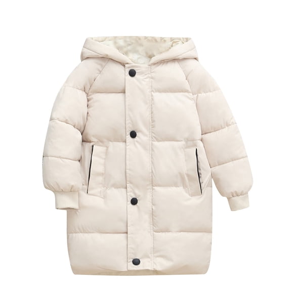 AJTQTH Long Hooded Puffer Coat for Kids Boys Girls Casual Fall Winter Long Sleeve Full Zip up Down Jackets Plush Thick Warm Hooded Outwear Tops with Zipper Pockets Beige 8-9 Years