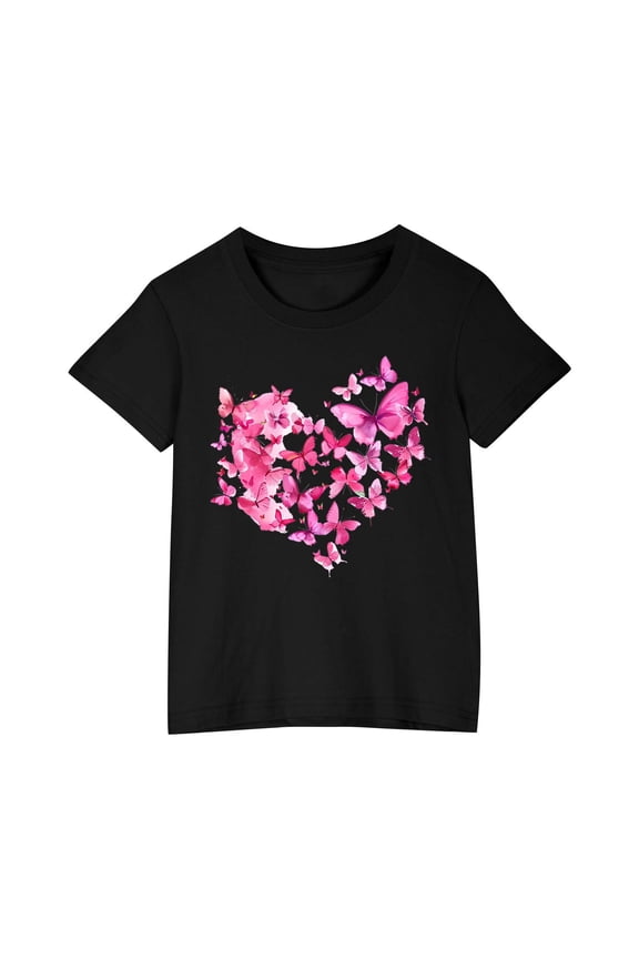 Love Print T-shirts for Kids Girls Boys Summer Cotton Butterfly Pattern Short Sleeve Tops Round Neck Tees Shirts Blouses Black 9 Years
