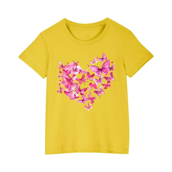 AJTQTH Love Print T-shirts for Kids Girls Boys Summer Cotton Butterfly Pattern Short Sleeve Tops Round Neck Tees Shirts Blouses Yellow 4 Years