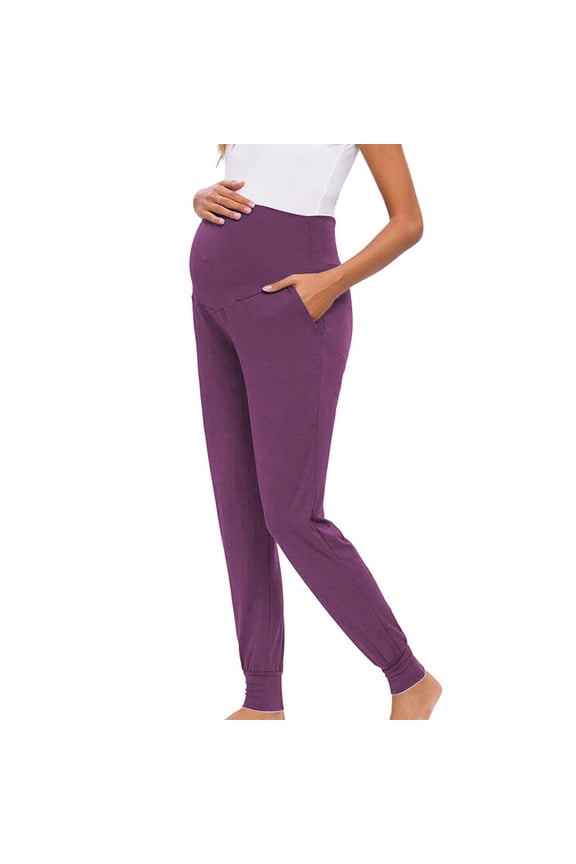 Maternity Leggings for Women over the Belly Supporting with Pockets Stretchy Soft Bootcut Yoga Pants Pregnancy Active Wear Purple L