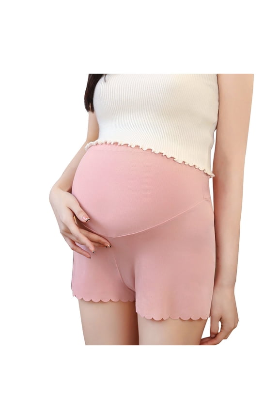 Maternity Shorts Homewear for Women Summer Ice Silk Ruffles Loose Shorts High-Waisted Belly Support Pregnancy Short Pants Pink M
