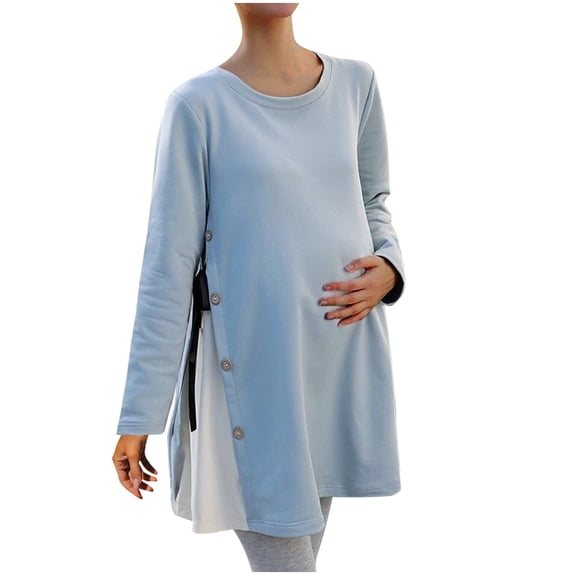 AJTQTH Maternity Sundress for Women Oversized Solid Color Adjustable Wraps Crewneck Long Sleeve Elegant Midi Dress Summer Fall Casual Pregnancy Clothes Blue XXL