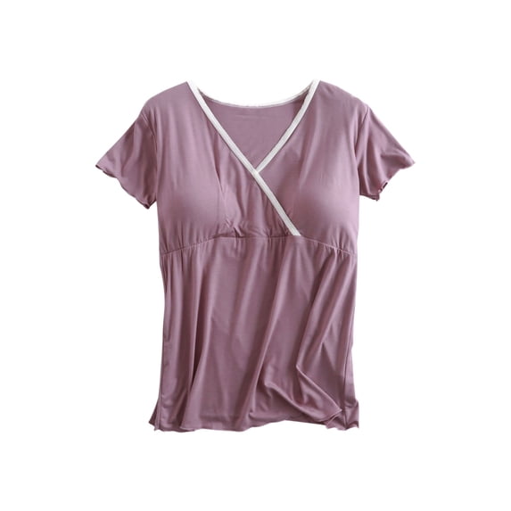 AJTQTH Maternity Tops for Women Oversized V-Neck Short-Sleeved Tees Casual Flowy Tees Invisable Bras Solid Color Blouses Summer Pregnancy Clothes Purple XL