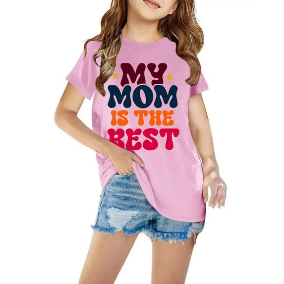 AJTQTH My Mom is the Best Cute Kids Boys Girls Summer Short Sleeve Round Neck Graphic T-Shirts Loose Fit Casual Holiday Gift Tees Tops Mother's Day Outfit Clothes Pink 5 Years