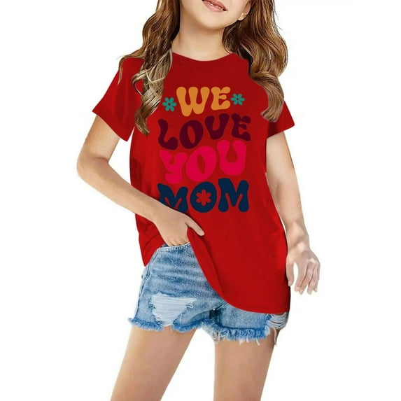 AJTQTH Mother's Day T-shirt for Kids Short-Sleeved Crewneck Tees Boys Girls Unisex Summer Casual Loose Fit Tops Shirt Blouse Happy Holiday Gift Red 5 Years