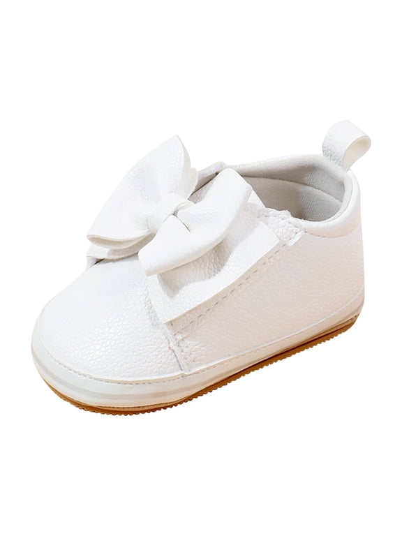 Newborn Sneakers Girls Faux Leather Cute Bows Slip-On Shoes Thick Rubber Soled Non-Slip Safety Walking Shoes for First Walker Toddlers White 13