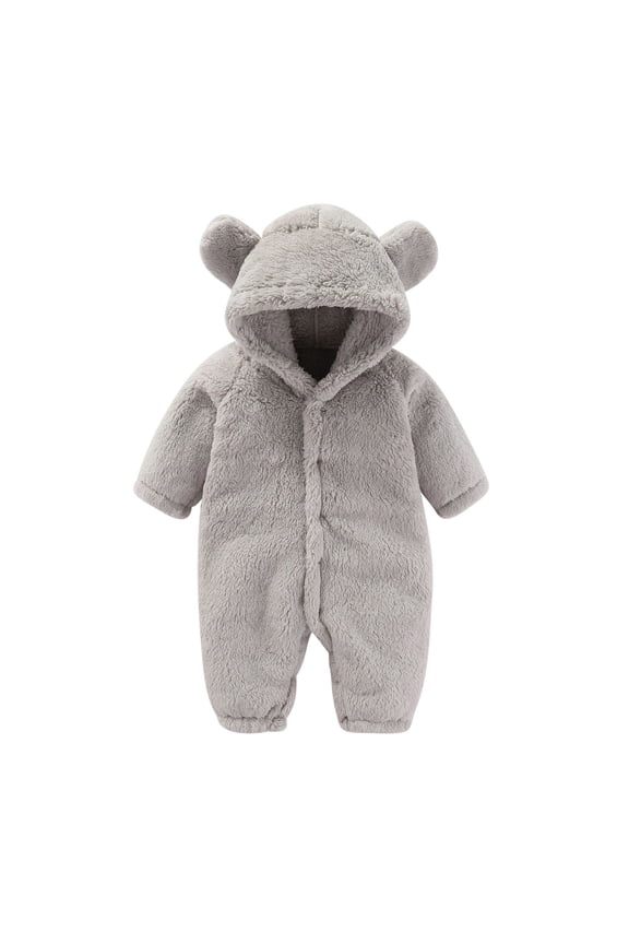 Newborn Winter Jumpsuit Toddler Girls Boys Plush Hooded Rompers Long Sleeve Zipper Warm Playsuit Solid Color Winter and Fall Home Onesie Gray 6M