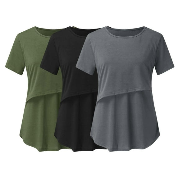 AJTQTH Pack of 3 Women Breastfeeding Tshirts Stylish Solid Color Ruffled Maternity Tees Crewneck Short-Sleeved Tunic Tops Summer Casual Blouses Shirts Dark Gray S