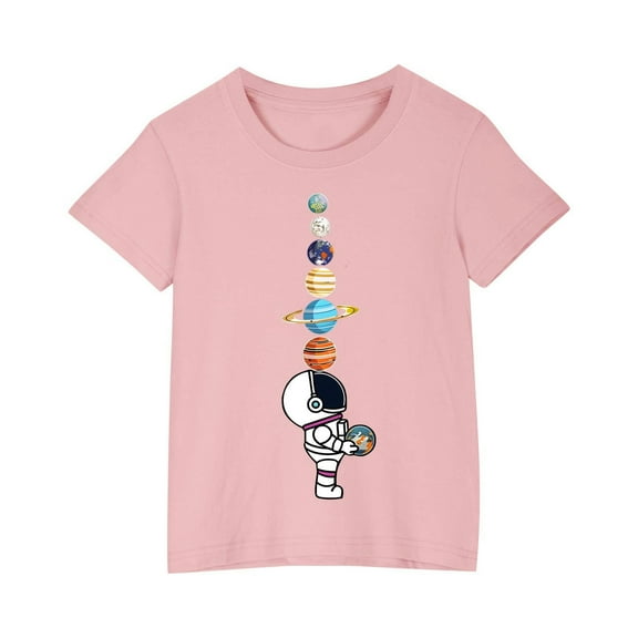 AJTQTH Planets Print Tshirts for Girls Boys Short Sleeve Round Neck Tops Kids Unisex Cotton Lightweight Tees Shirts Blouses Clothes Outfits for Summer Pink 9 Years