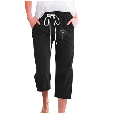 AJTQTH Plus Size Capri Pants for Women Stylish Dandelion Print Capri Trousers with Pockets Summer Casual Drawstring Straight-Leg Pants Black S