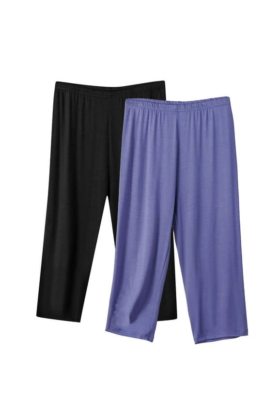 Plus Size Capris 2-Pack for Women Straight-Leg Casual Thin Capri Trousers Solid Elastic-Waisted Loose Home Sport Yoga Pants Purple XXXXXL