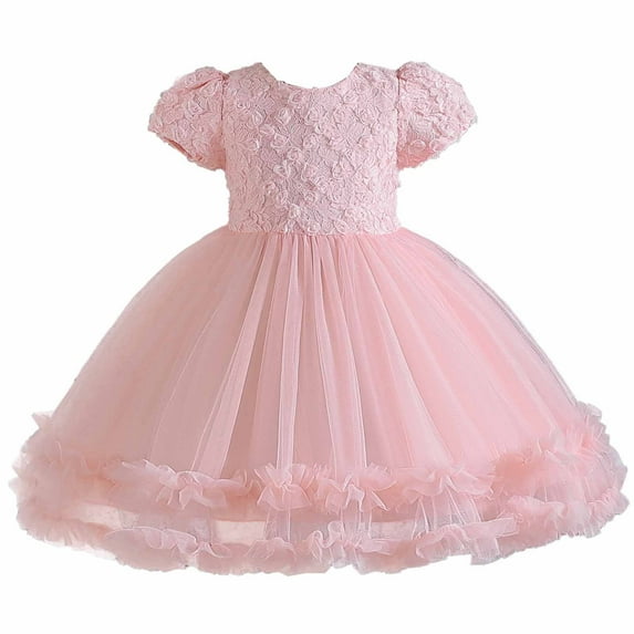 AJTQTH Princess Dress for Girls Crewneck Short-Sleeved Cute Floral Embroidered Gowns Mesh Ruffled Layered Frocks High-Waisted Bowknot Night Dress for Holiday Party Pink 7-8 Years