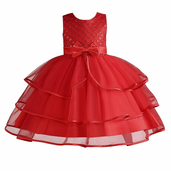 AJTQTH Princess Dress for Girls Crewneck Sleeveless Sequins Glitter Gowns Mesh Ruffled Layered Frocks High-Waisted Bowknot Night Dress for Holiday Wedding Party Red 5-6 Years