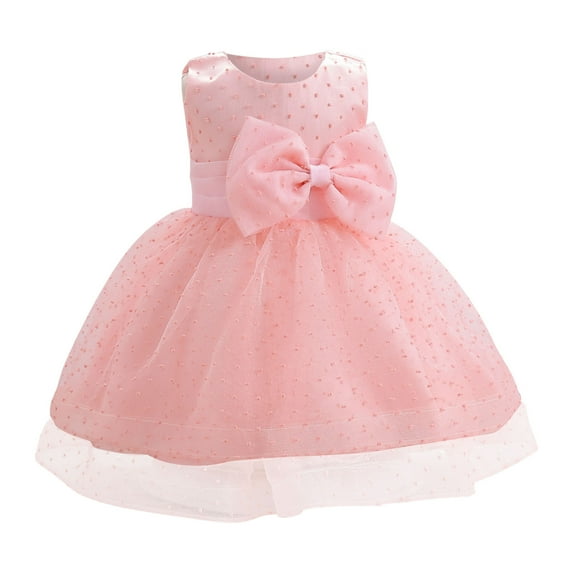 AJTQTH Princess Dress for Girls Cute Dots Appliques Solid Bowknot Midi Dress Sleeveless Crewneck High-Waisted Mesh Layered Puffly Gowns Frocks for Summer Party Weddings Pink 0-6 Months