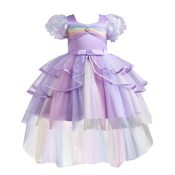 AJTQTH Princess Dress for Girls Flower Appliques Puff Sleeve Rainbow Colorful High-Waisted Tutu Mesh Layered Flowy Gowns Bowband Ruffled Frocks Costume Night Dress Purple 3 Years