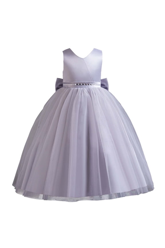 Princess Dress for Girls Toddler Solid Color V-Neck Sleeveless Tutu Ruffled Mesh Layered Elegant Night Dress Bowknot Frocks Gowns for Party Holiday Gray 5 Years