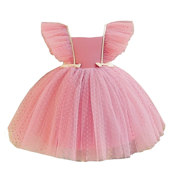 AJTQTH Princess Dress for Toddler Girls Mesh Polka Dots Flutter Sleeve Square Neck Gowns Ruffled Layered Bowties Frocks Solid Color Puffy Midi Dress for Party Weddings Pink 1-2 Years