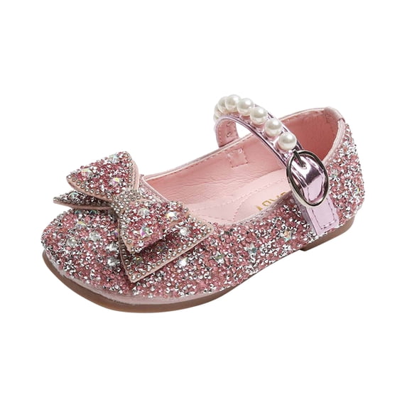 AJTQTH Princess Shoes for Girls Stylish Sequins Sparkly Bowknot Shoes Low Heel Soft Soled Sandals Hook and Loop Closure Dancing Shoes for Summer Casual Party Pink 6-7 Years