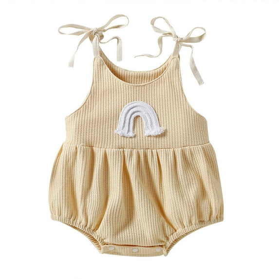 AJTQTH Romper for Baby Summer Lightweight Round Neck Sleeveless Jumpsuit Cute Rainbow Embroidered Waffle Knit Playsuit Bowties Halter Onesie Comfy Casual Outfits Beige 3-6Months