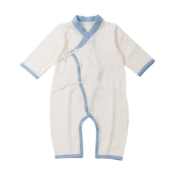 AJTQTH Rompers for Baby Girls Boys Unisex Side Ties Cotton Linen Colorblocked Surplices Long-Sleeved Jumpsuit Full Length Bodysuit Solid Color Playsuit Summer Onesie White 1 Years