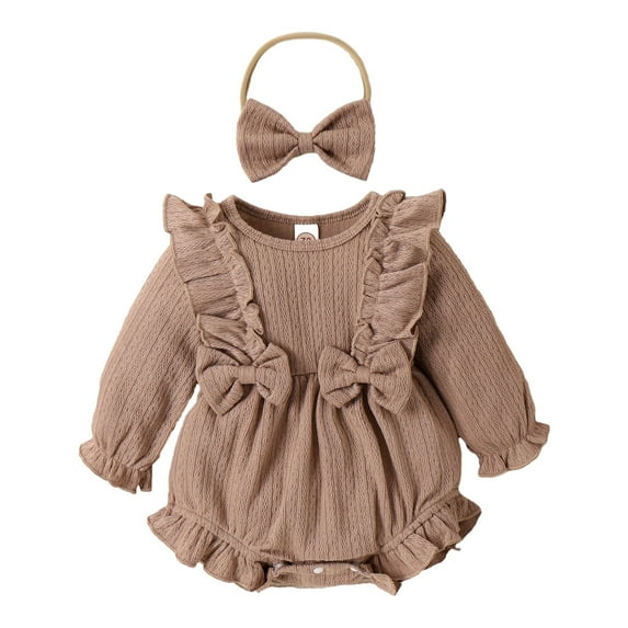 AJTQTH Rompers for Baby Girls Summer Cotton Cable Knit Ruffled Crewneck Long-Sleeved Jumpsuit Toddler Solid Color Playsuit with Bowknot Headband Khaki 12 Months