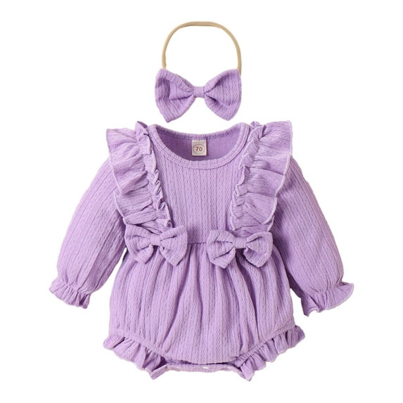 AJTQTH Rompers for Baby Girls Summer Cotton Cable Knit Ruffled Crewneck Long-Sleeved Jumpsuit Toddler Solid Color Playsuit with Bowknot Headband Purple 12 Months