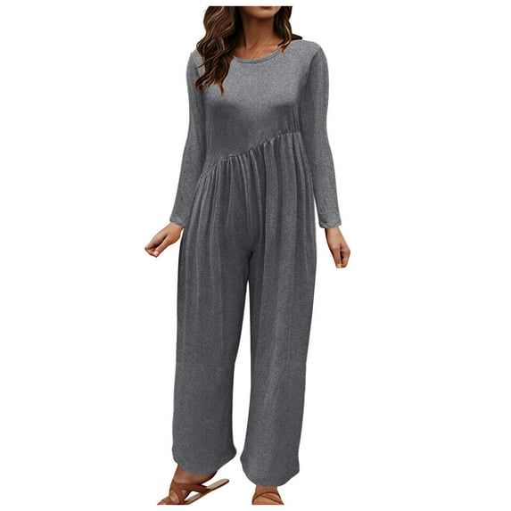 AJTQTH Rompers for Women Casual Plus Size Loose Fit Overalls Jumpsuit Long Sleevde Crewneck Playsuit Zippers Wide-Leg Full Lengthh Dark Gray M