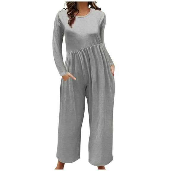 AJTQTH Rompers for Women Casual Plus Size Loose Fit Overalls Jumpsuit Long Sleevde Crewneck Playsuit Zippers Wide-Leg Full Lengthh Gray M