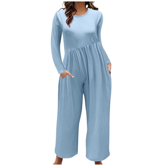 AJTQTH Rompers for Women Casual Plus Size Loose Fit Overalls Jumpsuit Long Sleevde Crewneck Playsuit Zippers Wide-Leg Full Lengthh Light Blue XXL
