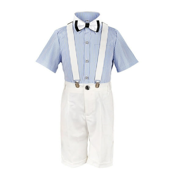 AJTQTH School Uniform Suit 4PC Set for Toddler Baby Boys Stylish Striped Blouses Classic Collar Short-Sleeved Shirts+Suspenders+Solid Trousers+Bowties Cotton Clothes Blue 3-4 Years