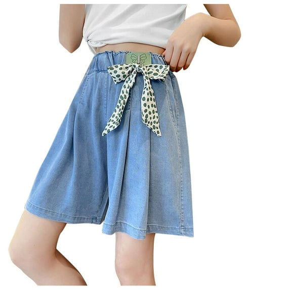 AJTQTH Short Jeans for Girls Summer Stylish Wide-Leg Solid Color Loose Short Denim Pants with Cute Embroidery and Bowties Cotton Outfits for Party School Casual Light Blue 13 Years
