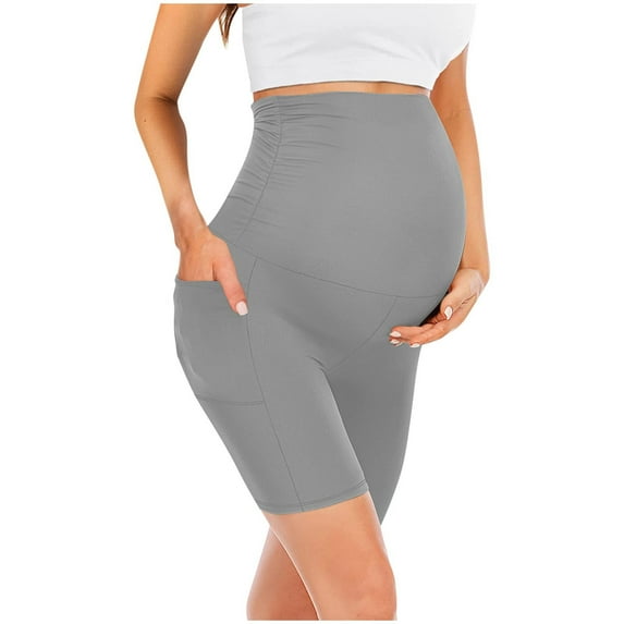 AJTQTH Shorts for Women Plus Size Extension Belly Support Yoga Pants High-Waisted Strectchy Pockets Leggings Summer Home Casual Maternity Short Pants Gray L