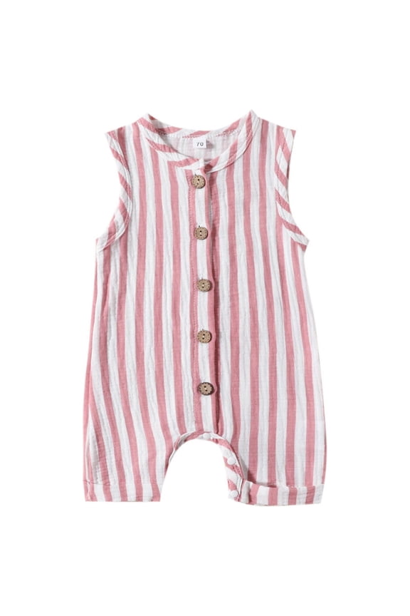 Sleeveless Rompers for Girls Boys Baby Unisex Cotton Comfy Jumpsuit Striped Button Closure Playsuit Summer Casual Comfy Crewneck Onesie for Home Sleep Clothes Pink 9 Months