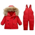 thumbnail image 1 of AJTQTH Snow Suits for Girls Boys Windproof Waterproof Hooded Ski Jakcets+Solid Color Snow Bib Toddler Kids Two-Piece Winter Hiking Skiing Set Red 2-3 Years, 1 of 3
