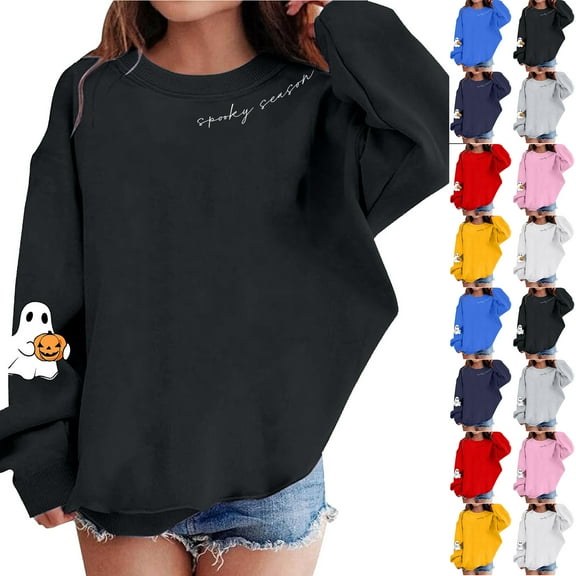 AJTQTH Spooky Season Cute Ghost Pumpkin Print Sweatshirts for Kids Girls Halloween Long Sleeve Basic Crewneck Pullover Tops Trendy Oversized Baggy Outfit Clothes A02-Navy 1-2 Years