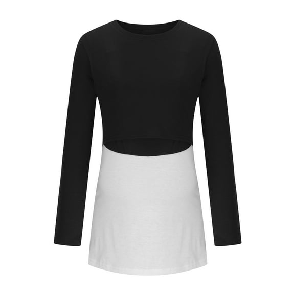 AJTQTH Spring Fall Nursing Tops for Women Plus Size Round Neck Long Sleeve Tunic Blouses Stylish Color Block Solid Maternity Clothes Casual Outfits White XXL