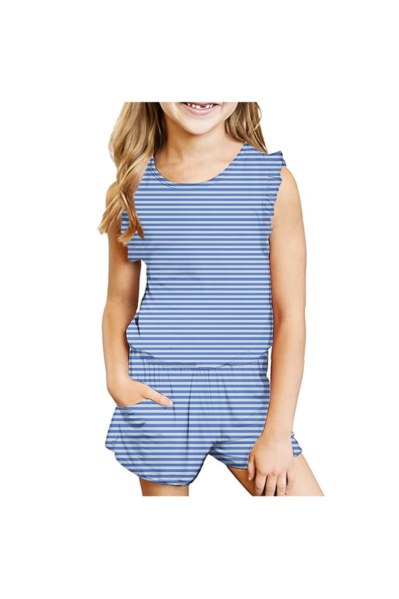 Striped Two-Pieces Set for Girls Kids Flutter Sleeve O-Neck Tops Tees Tshirts Elastic Waist Shorts with Pockets for Summer Comfy CuteOutfits Clothes Light Blue 13 Years