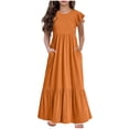 thumbnail image 1 of AJTQTH Stylish Princess Dress for Girls Solid Color Gowns Crewneck Flutter Sleeve Sundress Tunic High-Waisted Maxi Dress Flowy Frocks with Pocket for Casual Party Orange 10 Years, 1 of 6