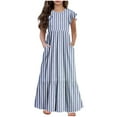 thumbnail image 1 of AJTQTH Stylish Sundress for Girls Kids Cute Striped Round Neck Flutter Sleeve Tunic Gowns Tiered Flowy Maxi Dress Casual Outfits for Summer Party Travel Blue 10 Years, 1 of 5