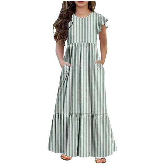 AJTQTH Stylish Sundress for Girls Kids Cute Striped Round Neck Flutter Sleeve Tunic Gowns Tiered Flowy Maxi Dress Casual Outfits for Summer Party Travel Green 6 Years