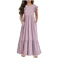 thumbnail image 1 of AJTQTH Stylish Sundress for Girls Kids Cute Striped Round Neck Flutter Sleeve Tunic Gowns Tiered Flowy Maxi Dress Casual Outfits for Summer Party Travel Pink 10 Years, 1 of 5