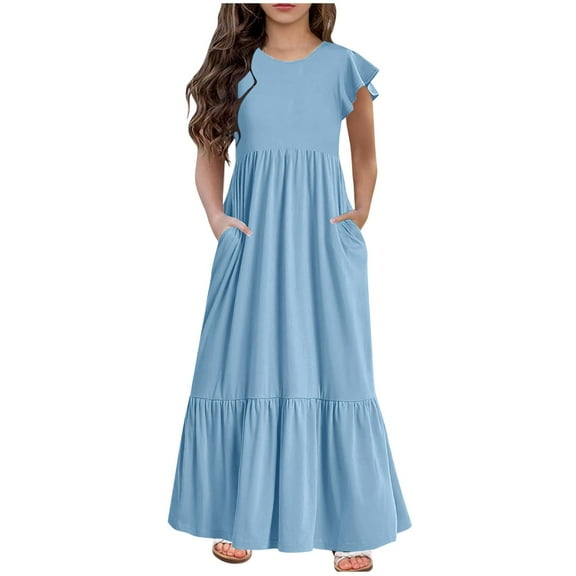 AJTQTH Stylish Sundress for Girls Solid Color Crewneck Flutter Sleeve Gowns High-Waisted Flowy Ruffled Maxi Dress Tiered Frocks with Pockets for Summer Casual Party Light Blue 12 Years