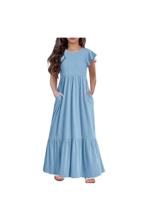 Stylish Sundress for Girls Solid Color Crewneck Flutter Sleeve Gowns High-Waisted Flowy Ruffled Maxi Dress Tiered Frocks with Pockets for Summer Casual Party Light Blue 12 Years