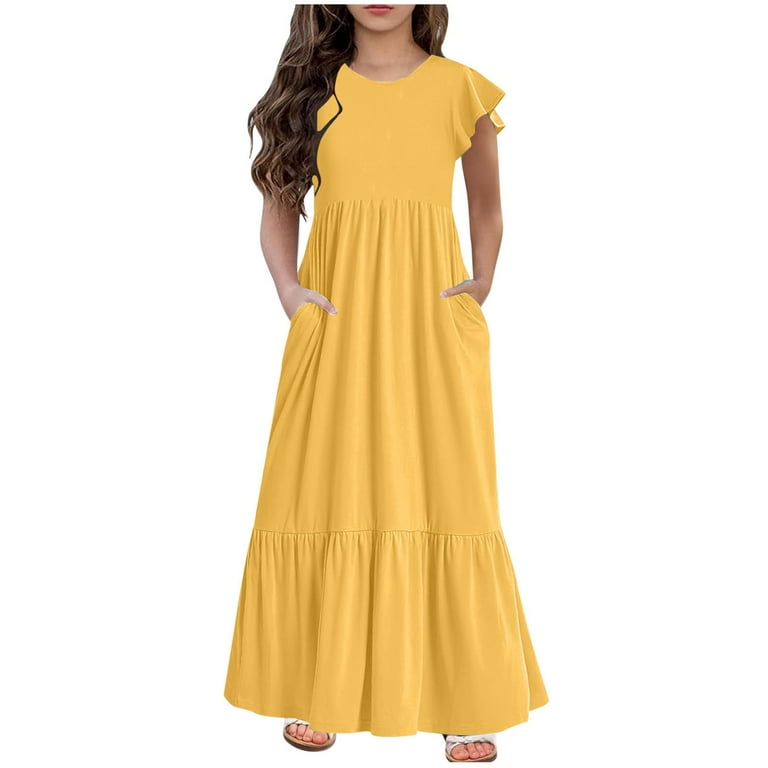 AJTQTH Stylish Sundress for Girls Solid Color High-Waisted Flowy Ruffled Maxi  Dress Crewneck Flutter Sleeve Gowns Tiered Frocks with Pockets for Summer  Casual Party Yellow 6 Years - Walmart.com