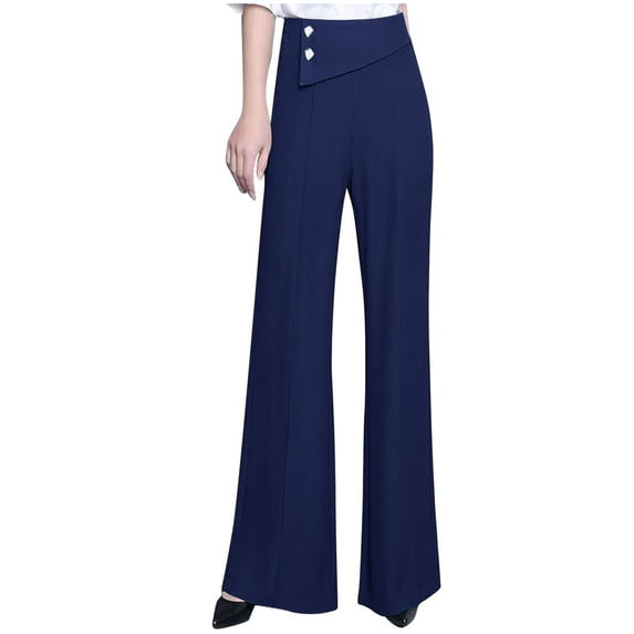 AJTQTH Suit Pants for Women High Waist Solid Elegant Work Trousers Summer Straight-Leg Flared Loose Casual Pants Plus Size Casual Trousers Blue L